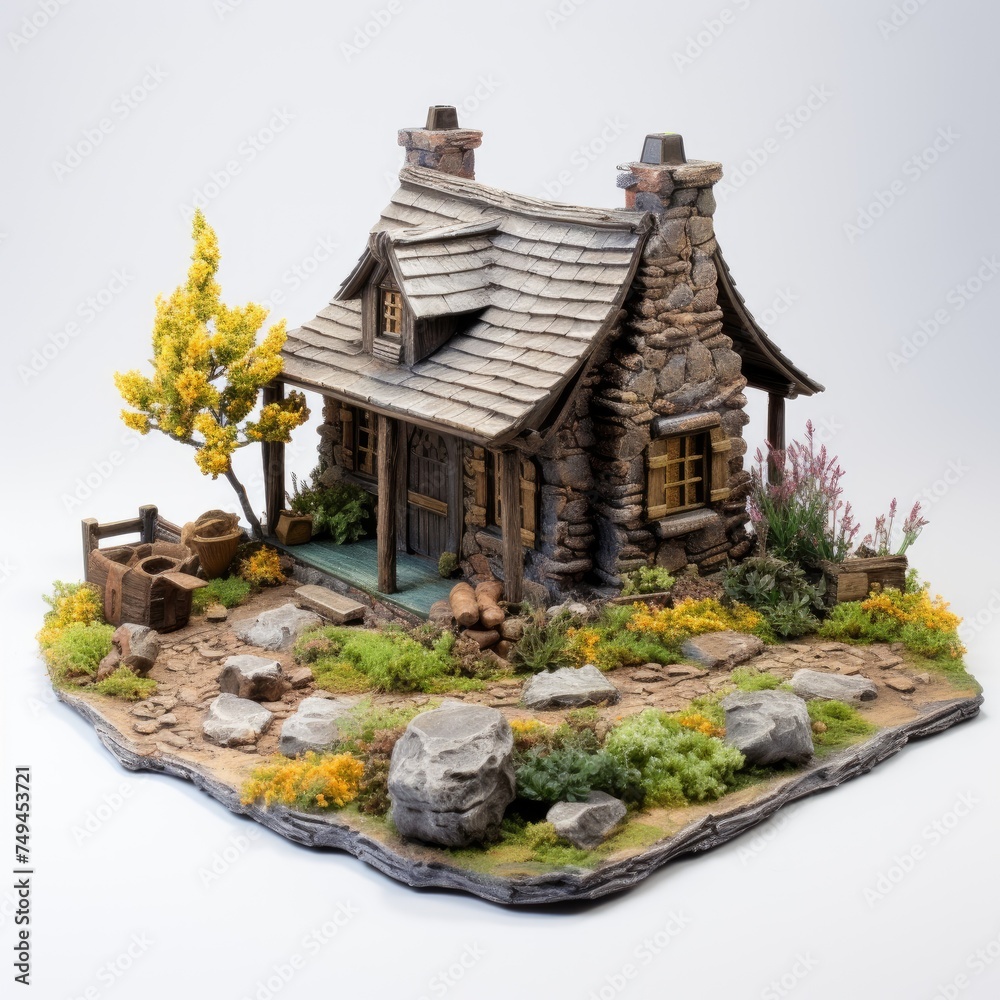 Fototapeta premium Miniature of a small wooden house on a white background with flowers