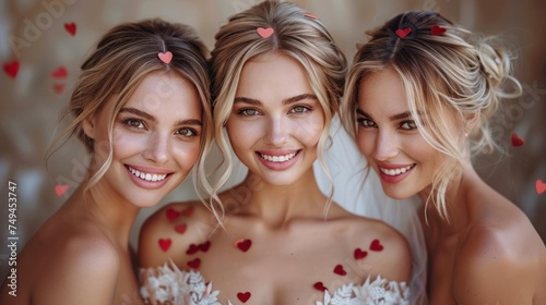three beautiful young women standing next to each other in front of a backdrop with hearts on the back of their dresses. photo