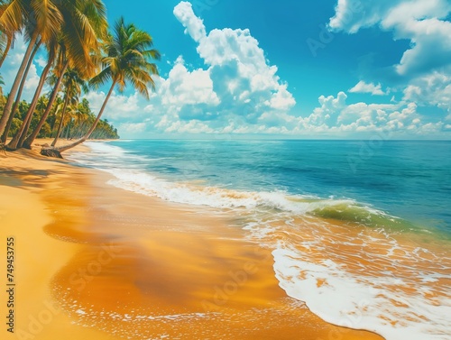 Serene tropical beach with golden sand  palm trees  and crystal-clear waters under a bright blue sky. Perfect for relaxation and travel themes