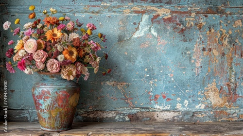 a vase filled with lots of flowers sitting on top of a wooden table in front of a blue painted wall. photo