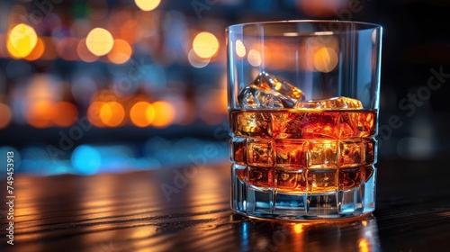 a glass of whiskey with ice cubes sitting on a table in front of a blurry cityscape. photo