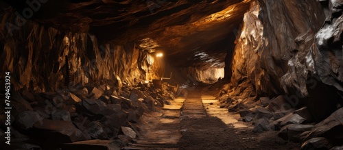 Inside a narrow tunnel located in a salt mine, a faint light can be seen at the end, illuminating the dark passageway. The tunnel walls are rough and weathered, revealing years of mining activity.