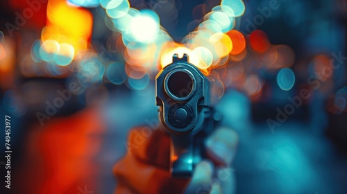 a close up of a gun in a person s hand with blurry city lights in the back ground.