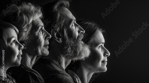Family portrait of one generation, black and white, an idea of origin and time