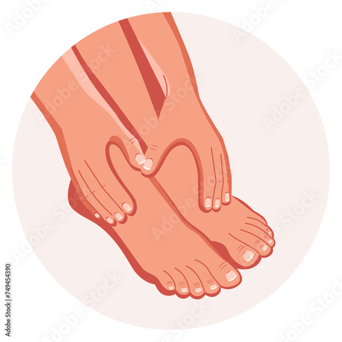 Foot Massage. Self-massage of feet for health and prevention. Wellness procedures. Concept of medicine and health, self-treatment. Vector. Round background close-up. 