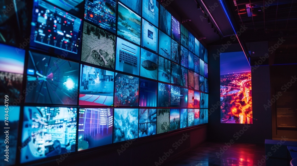 Control room with video wall. A modern surveillance room concept showing a large wall of screens displaying various urban and technological visuals in a dark, ambient setting.