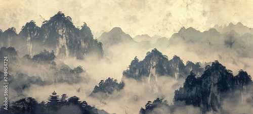 Mystical Chinese mountain landscape. An ethereal ink-wash illustration depicting towering mist-covered peaks and traditional pagodas amidst pine trees photo