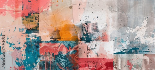 Abstract artistic collage. This digital artwork combines splashes of vibrant colors  vintage paper textures  and layered paint effects to create an expressive and dynamic composition