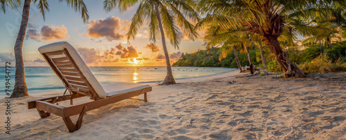 Chaise longue sur une plage déserte tropicale sans personne avec un coucher de soleil.