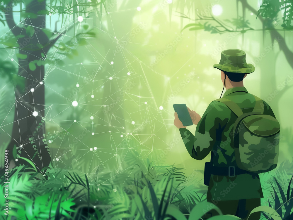 Park Ranger patrolling bio engineered forests using AI to monitor wildlife
