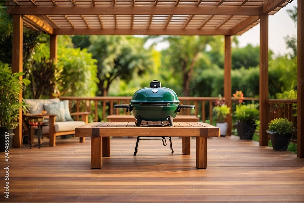luxury wooden teak deck with BBQ grill and decor furniture. Side view ...