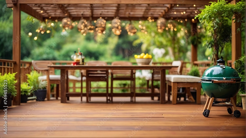 luxury wooden teak deck with BBQ grill and decor furniture. Side view of a wooden pergola in green garden with a sun flares in the background. luxury wooden teak deck with BBQ grill and decor furniture. Side view of a wooden pergola in green garden with a sun flares in the background.