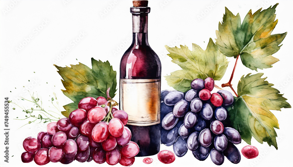 Watercolor illustration of glass bottle with red wine and fresh grapes.