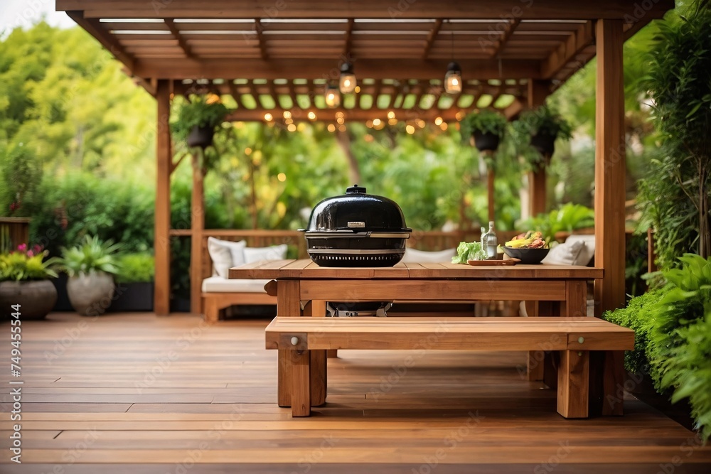 luxury wooden teak deck with BBQ grill and decor furniture. Side view ...