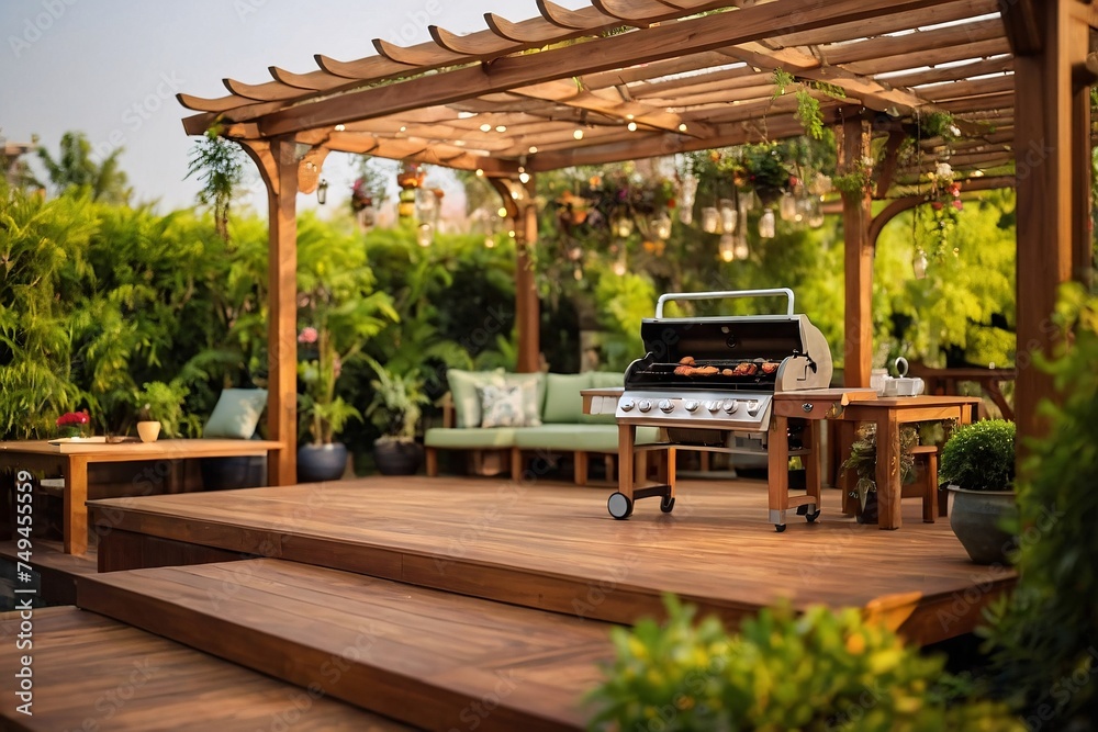 luxury wooden teak deck with BBQ grill and decor furniture. Side view ...