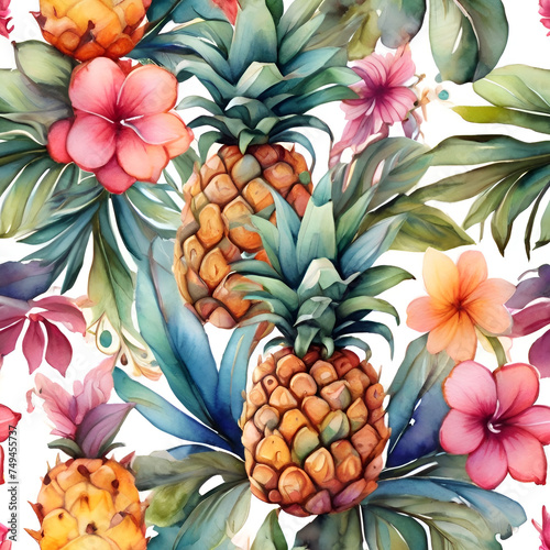 Watercolor pineapple pattern  generative ai