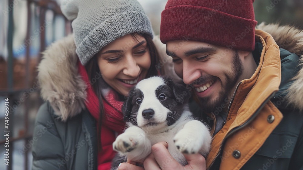 A young couple happily hugs a black and white puppy in an urban setting