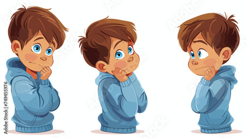 Funny Little Boy in Blue Sweatshirt Thinking Expressin photo