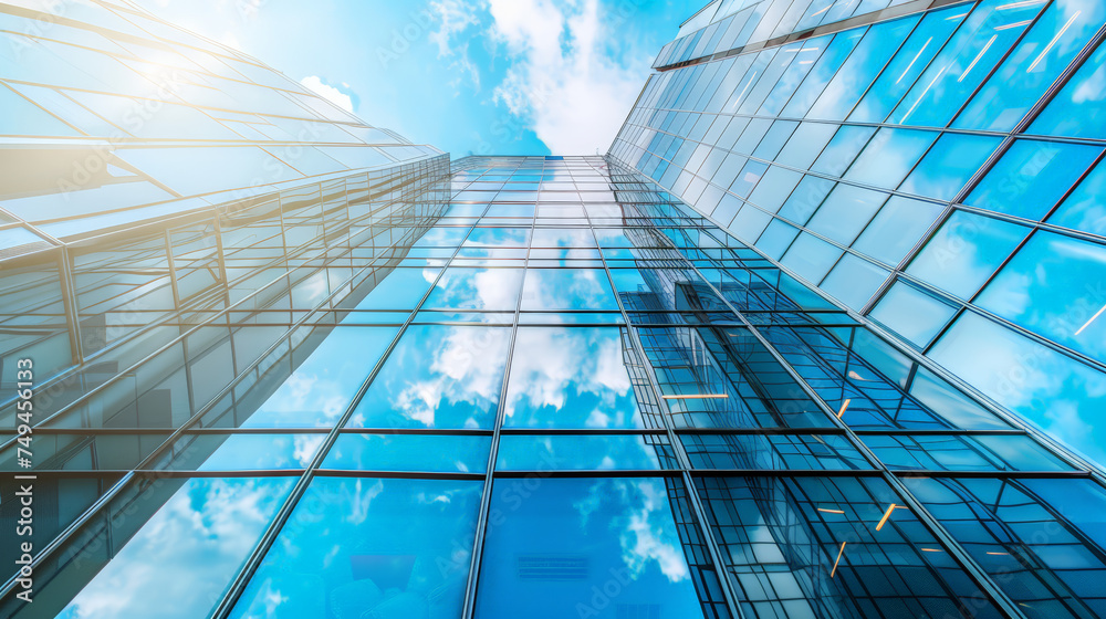 Modern office building with blue sky, and glass facades. Economy, finances, business activity concept