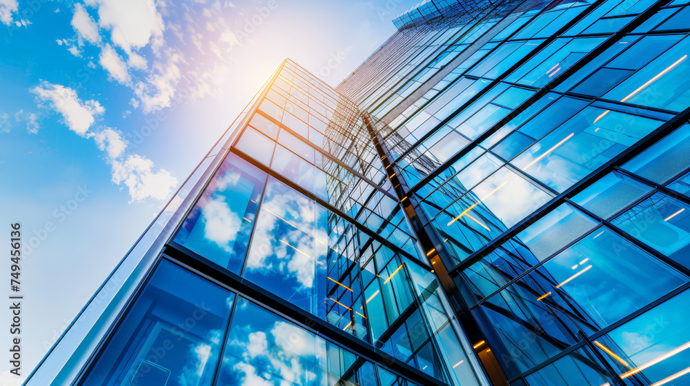 Modern office building with blue sky, and glass facades. Economy, finances, business activity concept Modern office building with blue sky, and glass facades. Economy, finances, business activity concept