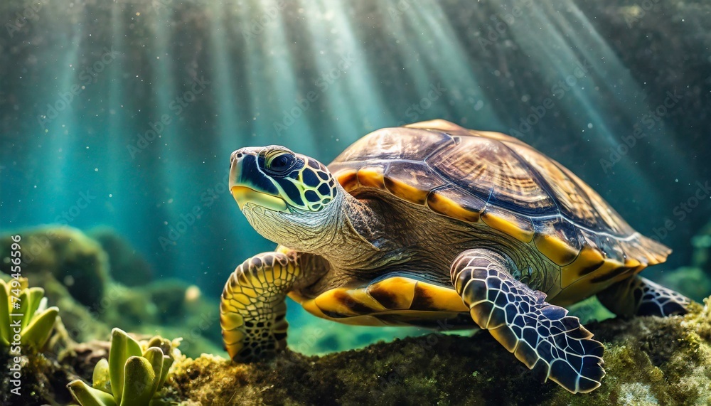 Close up beautiful realistic turtle under the sea Close up beautiful realistic turtle under the sea