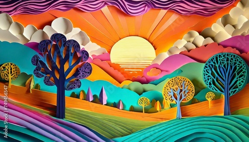 Colorful dreamscape with trees and a sunset, all made from paper cutouts