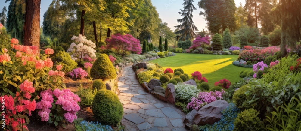 The vibrant garden is bursting with colorful flowers and lush trees, creating a lively and flourishing landscape in the summer season. Various flower beds adorn the area, adding to the vibrant beauty