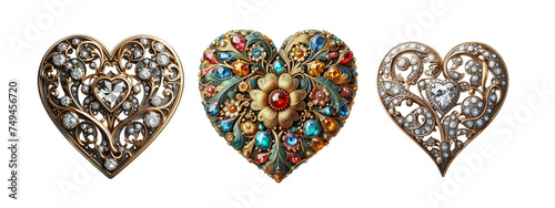 Love brooch made of gold with intricate design isolate on white  3 set PNG