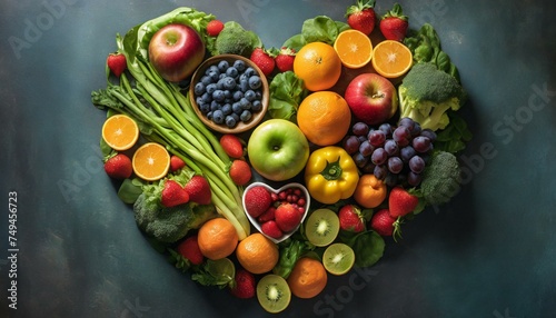 Colorful and healthy fruits and vegetables in the shape of a heart