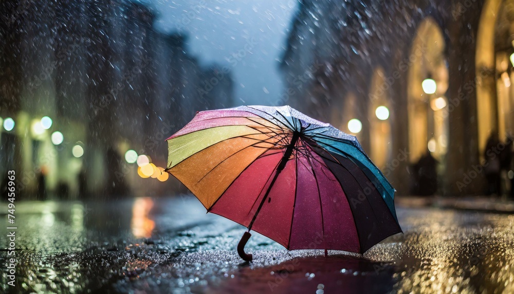 Colorful umbrella on a dark background; rainy night in city