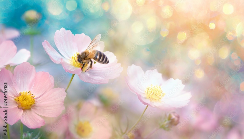 Close up bee on a flower, spring background - obrazy, fototapety, plakaty 