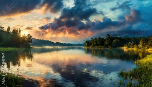 Natureza de um lago ao nascer do sol com um dia nublado, lindas cores vibrantes e espaço de cópia