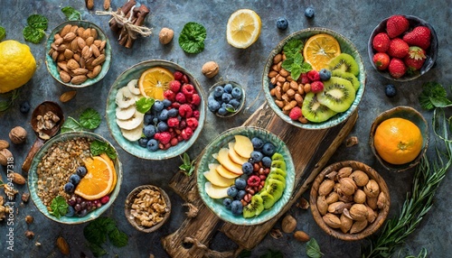 Bowls with healthy food, fruits and dried fruits top view