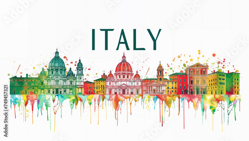 illustrative travel background to Italy featuring a blend iconic Italian architecture, isolated on a white backdrop, accompanied by the text "ITALY."