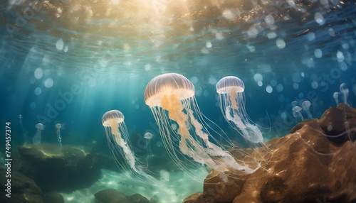 Jellyfishes swimming in the ocean, magical ambient light, beautiful rocks at the bottom
