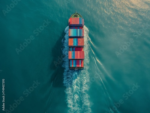 An aerial view of a cargo ship laden with colorful containers, cutting through the blue ocean.