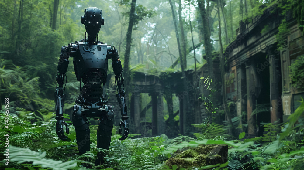 Cyborg exploring ancient ruins in a dense forest merging technology with the wild