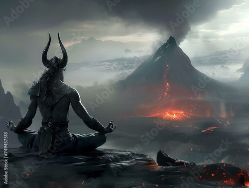 Dark lord meditating on power and strategy in a volcanos shadow blending menace with calm
