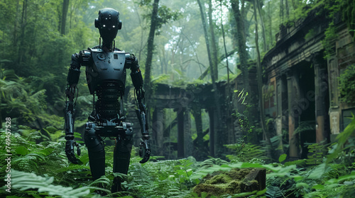 Cyborg exploring ancient ruins in a dense forest merging technology with the wild photo