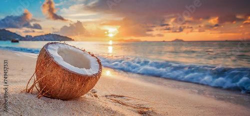 Noix de coco sur une plage déserte tropicale sans personne avec un coucher de soleil.