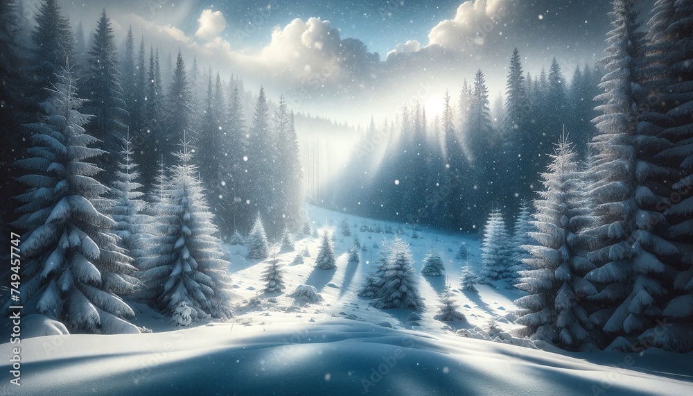 raw photograph a serene winter landscape. snow winter fantasy tranquility, cool, wonderland, rural, panorama, woods wallpaper background landscape