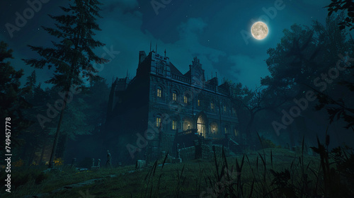 Creepy haunted mansion at night full moon illuminating the eerie atmosphere © Keyframe's