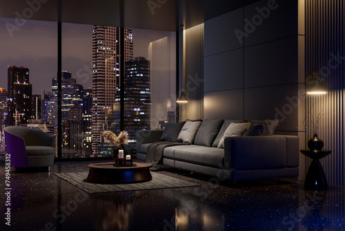Night scene, Modern style luxury black living room with city view 3d render, There are black terrazzo floor decorated wall with hidden light, furnished with black fabric sofa photo