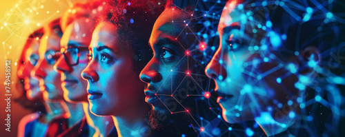 Faces Illuminated in a Digital Cosmos. Human faces illuminated against a backdrop of a colourful digital cosmos, representing diverse intelligence.
