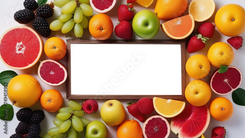 Wooden frame devoid of content  showcasing a medley of fruits and berries. Conveying the idea of a healthy food choice  with space for custom text. PNG. Premium mockup design.  