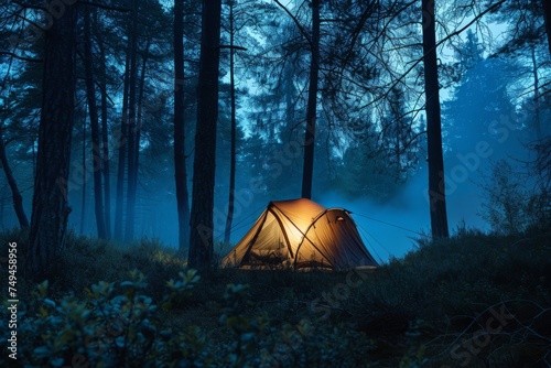 A bright illuminated tent in a tent camp in a night coniferous forest. Concept of tourism, vacation, travel, hiking