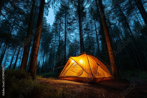 A bright illuminated tent in a tent camp in a night coniferous forest. Concept of tourism, vacation, travel, hiking