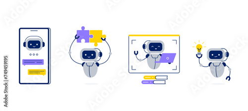 Chatbot or AI assistant in different tasks. Robot helps to find solutions, answers, and ideas. Vector flat illustrations isolated on a white background.
