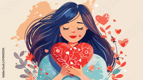 Pretty girl embracing valentine heart shaped card. Vec