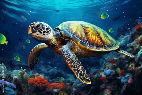 Beautiful close portrait of a turtle swimming in clear water in the ocean or sea